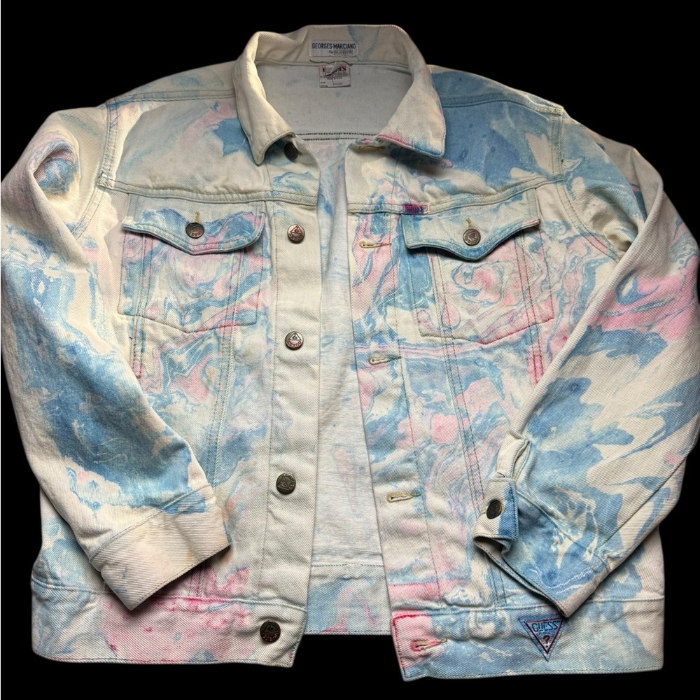 Vintage 80s Georges Marciano for GUESS Soon Tie-Dye Pink and Blue Denim Jacket